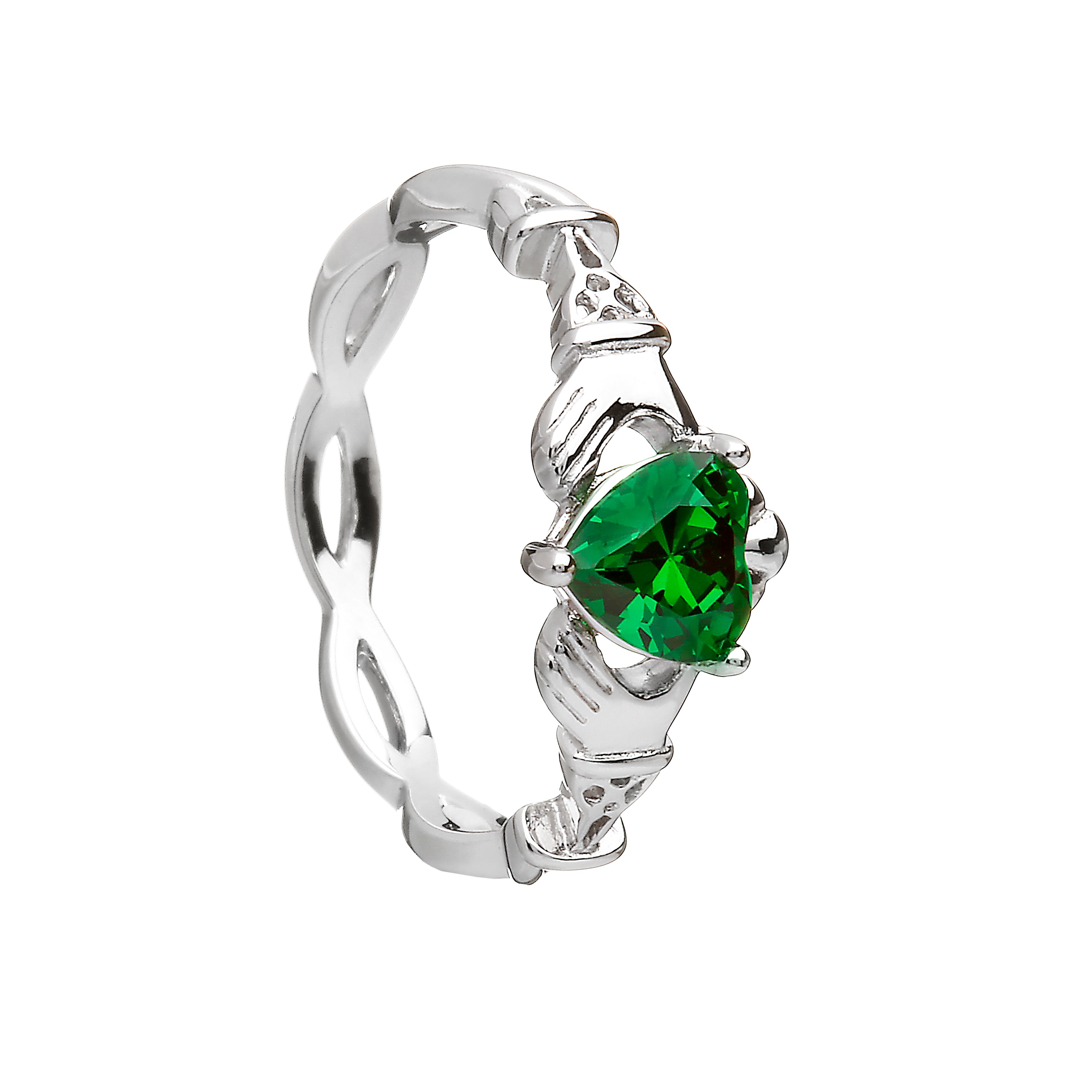 Silver ring with a green gemstone on a white background