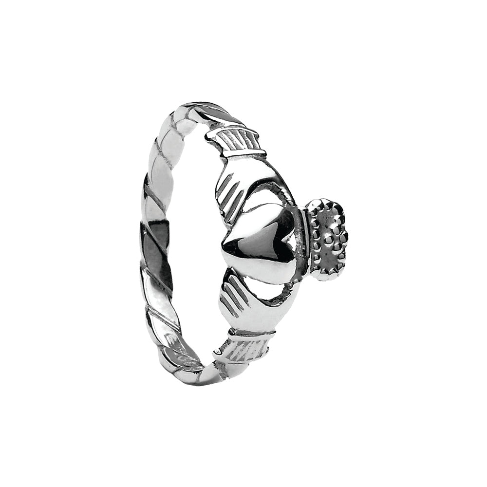 Silver claddagh ring on a white background