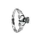 Silver claddagh ring on a white background