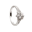 Silver claddagh ring with a stone on a white background