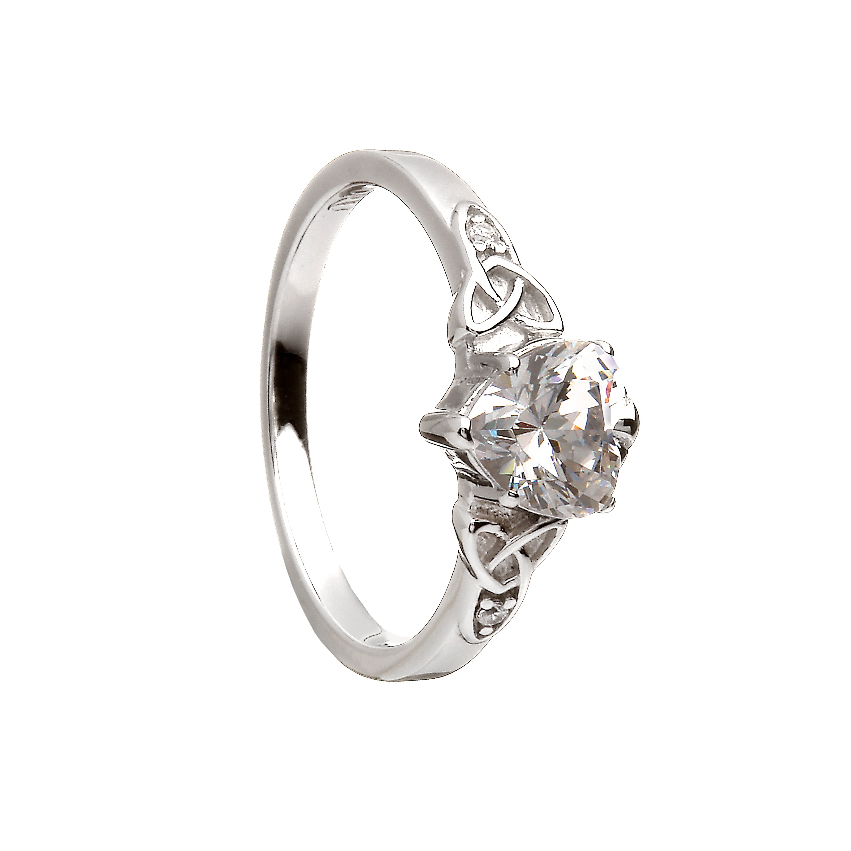 Silver claddagh ring with a stone on a white background