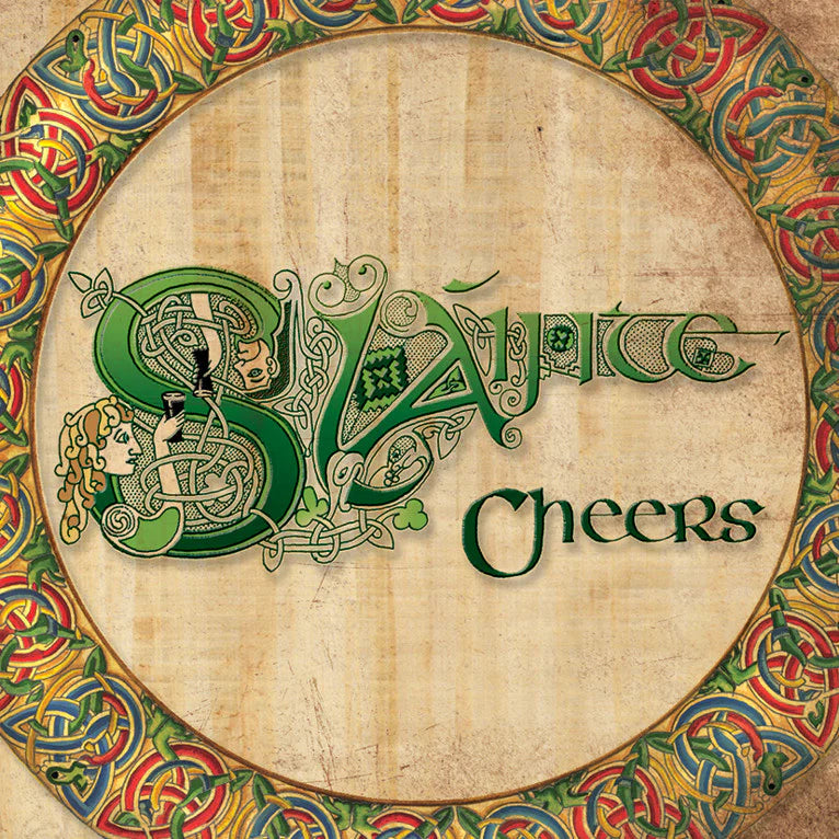 Decorative sign with 'Cheers' text and Celtic knot design on a wooden background.