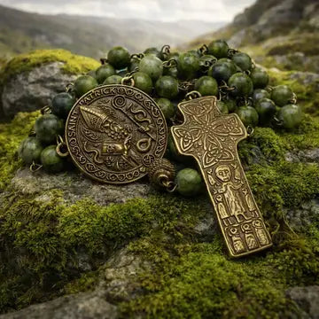 An ornate religious necklace with a round engraved medallion and a cross pendant, displayed on mossy rocks outdoors with green beads and a blurred mountain landscape in the background.