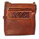 Brown leather bag with Celtic knot design on a white background