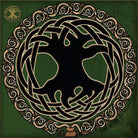 Decorative tee shirt design with interwoven patterns and a central tree-like figure on a green background.