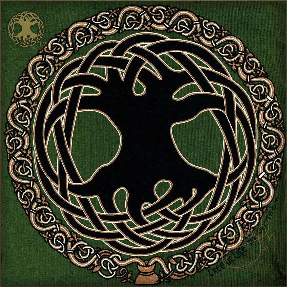 Decorative design with interwoven patterns and a central tree-like figure on a green background.