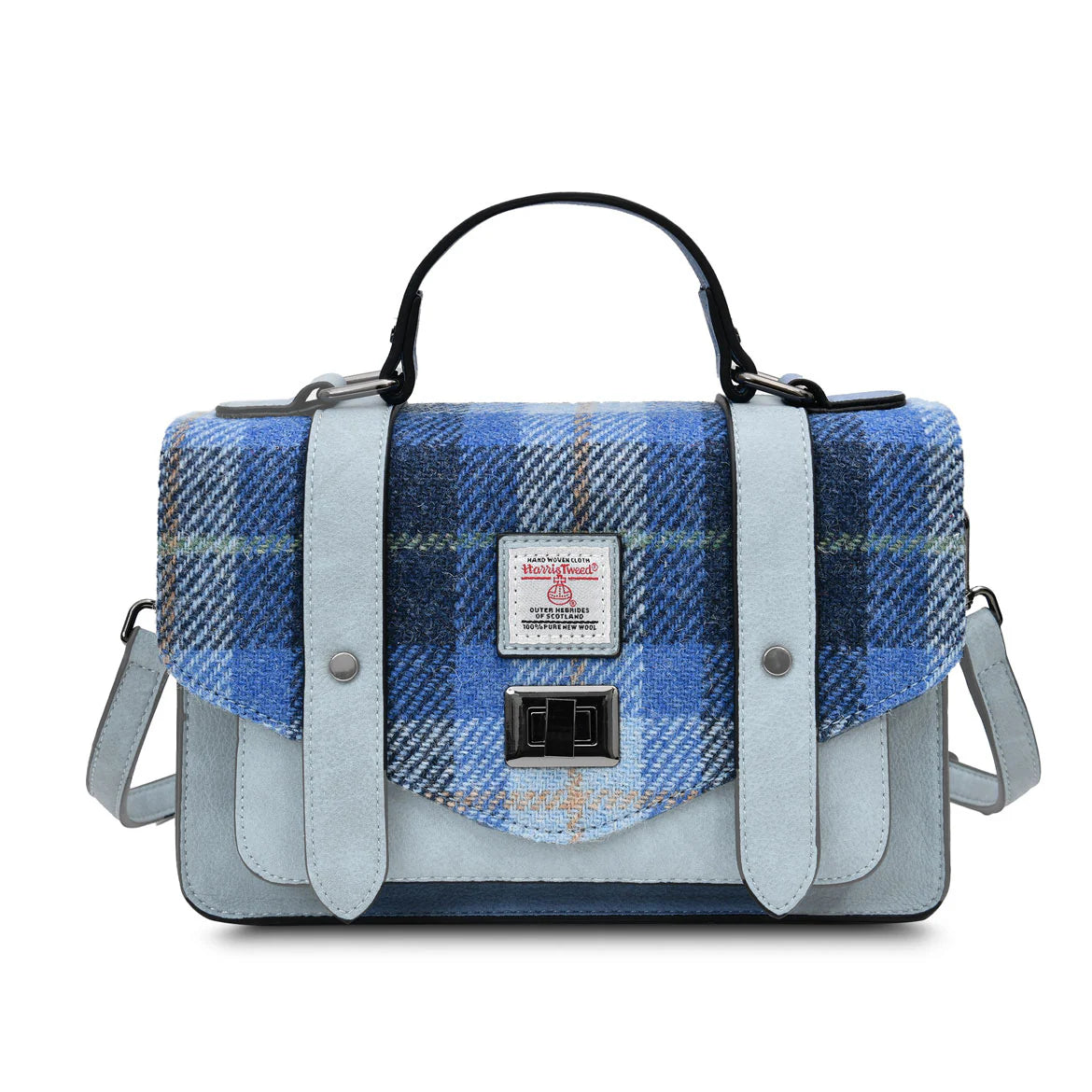 Blue tartan plaid handbag with a visible brand label on a white background