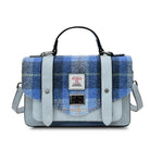 Blue tartan plaid handbag with a visible brand label on a white background