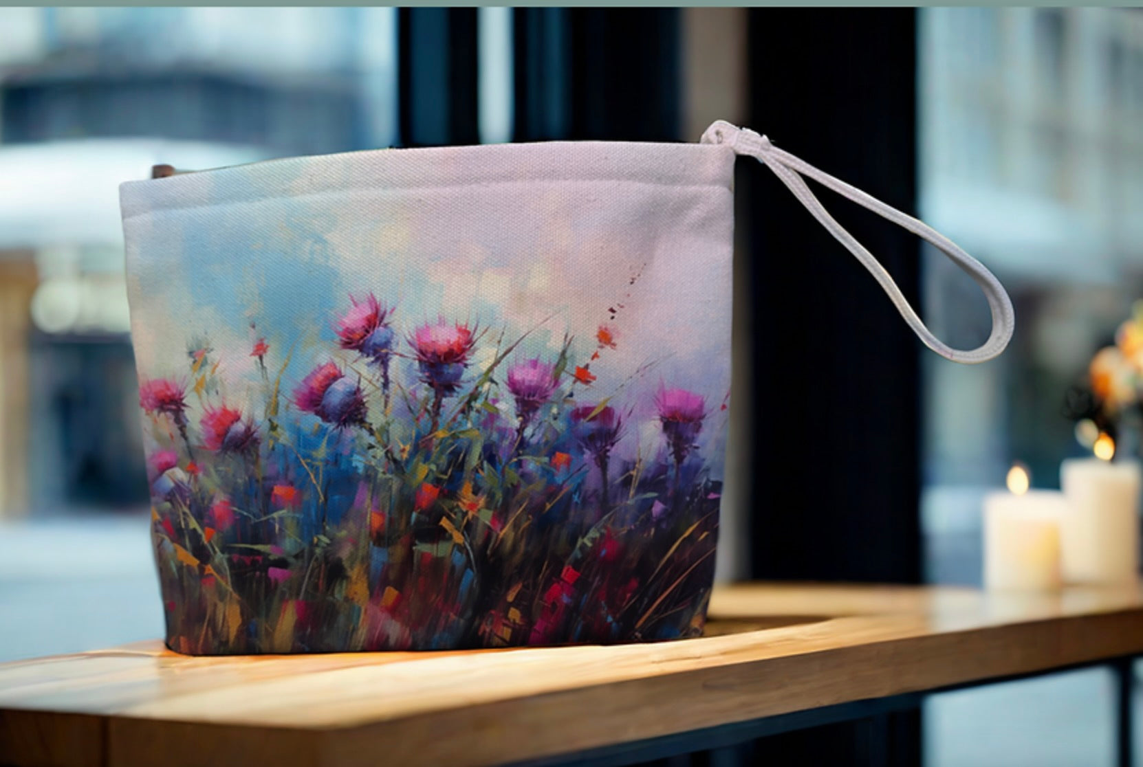 Clutch bag with floral design on a wooden surface