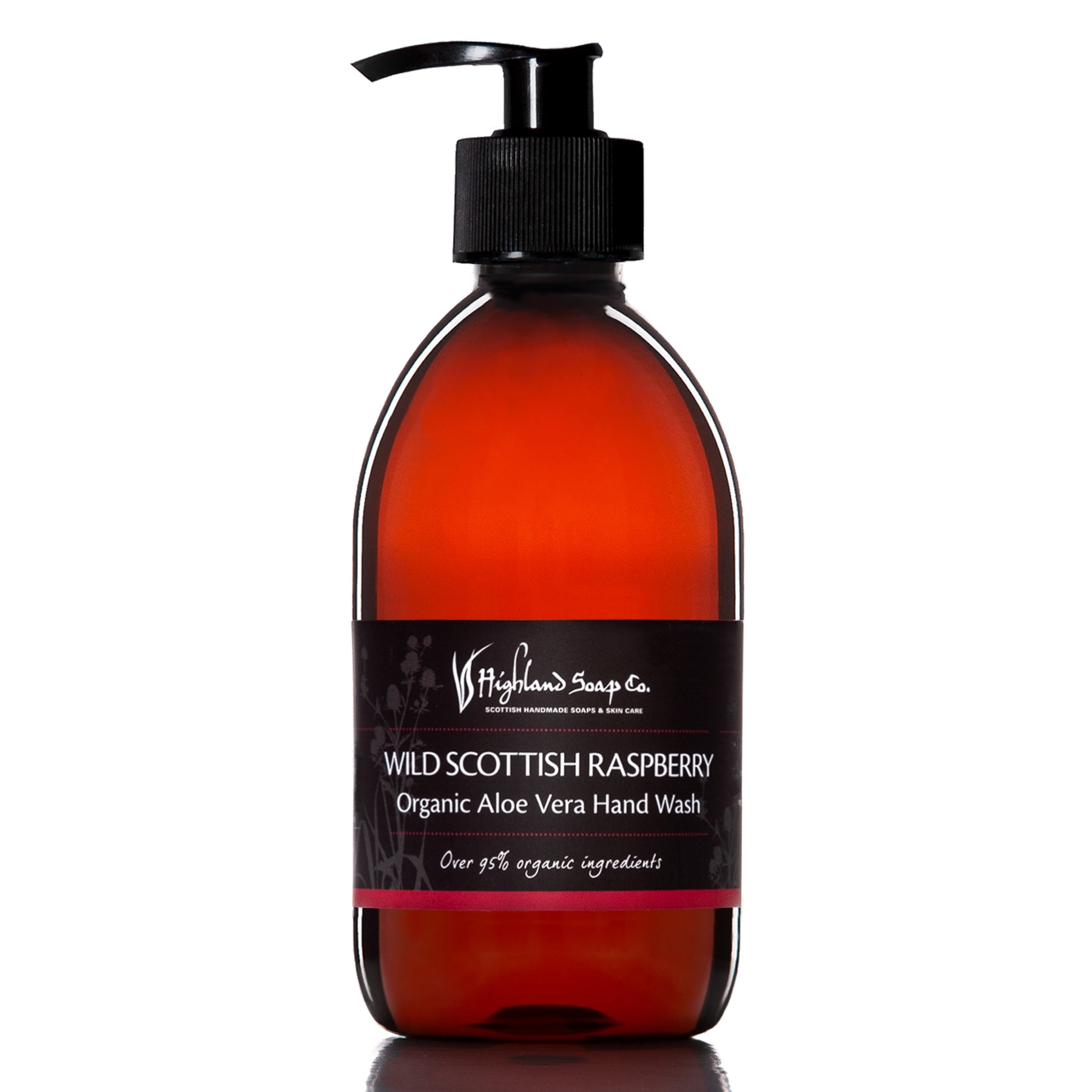 Bottle of Wild Scottish Raspberry Organic Aloe Vera Hand Wash with pump on a white background