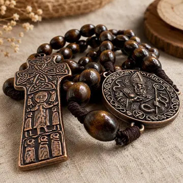 A dark brown wooden bead rosary with a bronze-toned cross pendant and a round medallion, arranged on a textured beige fabric background.