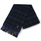 Blue and black plaid scarf with fringes on a white background