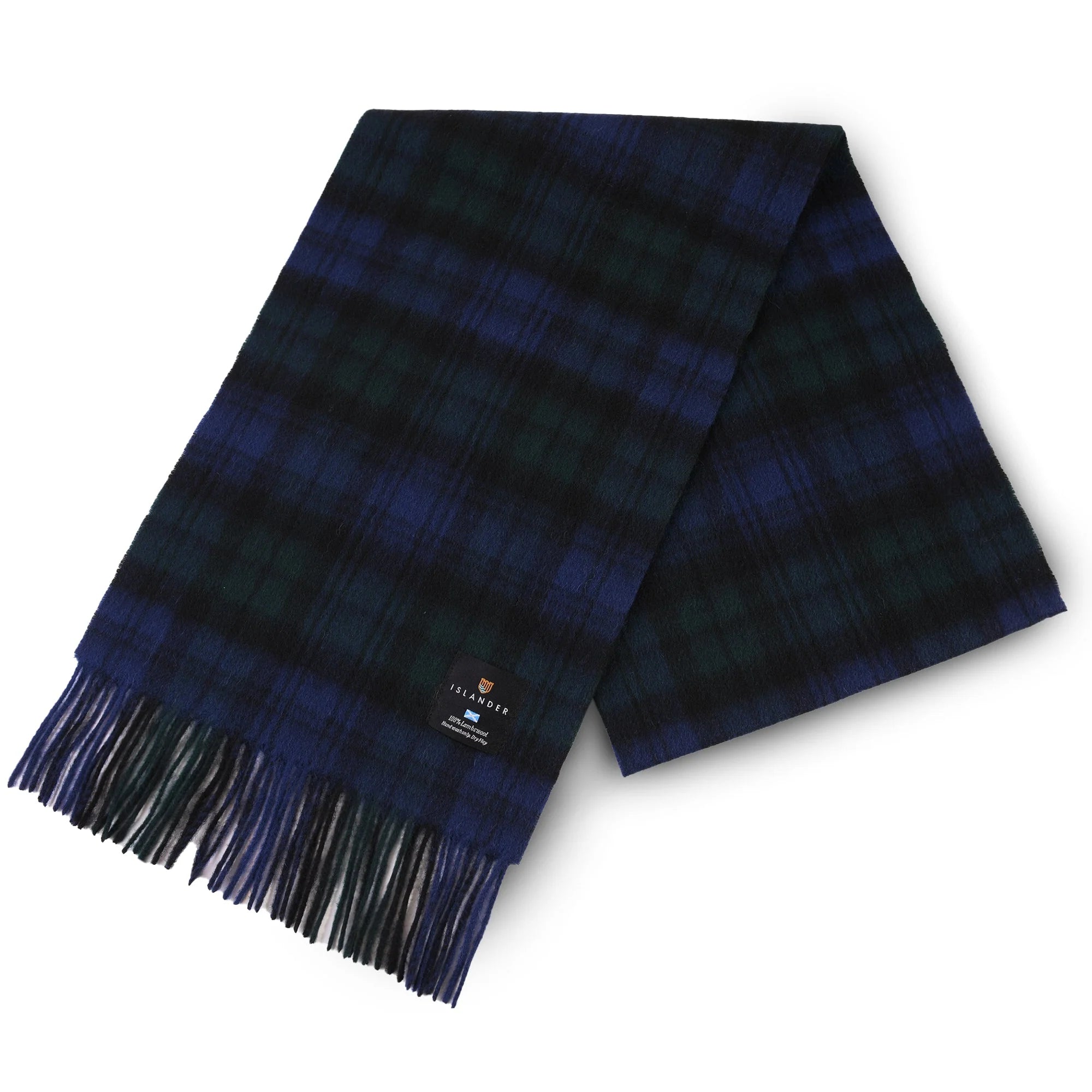 Blue and black plaid scarf with fringes on a white background
